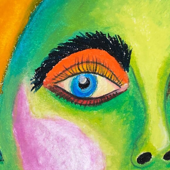 Green Girl with Flower Necklace Original Oil Pastel Painting 11x14in Matted - Picture 6 of 8